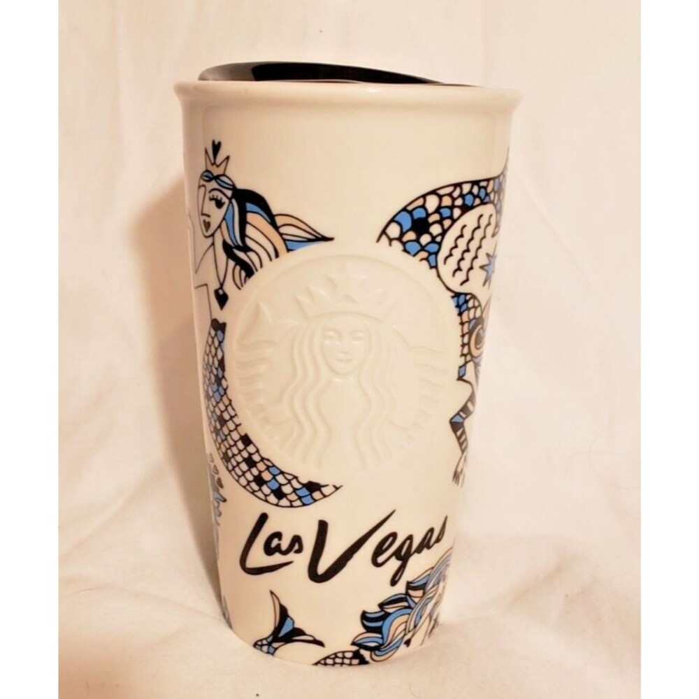 Starbucks 2015 Las Vegas 12 oz Siren Mermaid Ceramic Travel Tumbler Mug w/ Lid